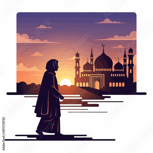 Muslim Woman Walking Towards Mosque Silhouette at Sunset during Ramadan for Greeting Card Design.