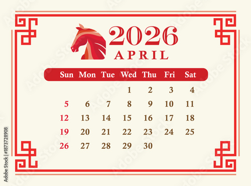 Elegant April 2026 calendar with red oriental frame, horse zodiac illustration, and clean date layout inspired by Asian design.