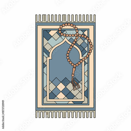 Traditional Islamic Prayer Mat and Tasbih Beads for Worship during Ramadan Celebration.