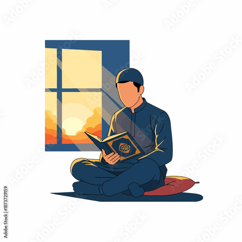 Pious Muslim Man Reading the Holy Quran During Ramadan Sunset for Islamic Observance Graphics.