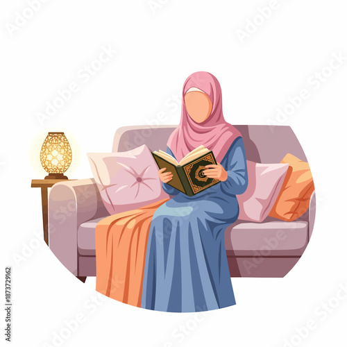 Muslim Woman Reading the Holy Quran on a Sofa at Home for Ramadan Religious Observance Illustration