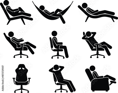 Black people sitting and relaxing icons set, office chair hammock lounge positions, ergonomic posture vector illustration