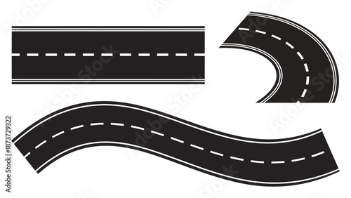 Black and white illustration of road segments straight curved and winding pathways