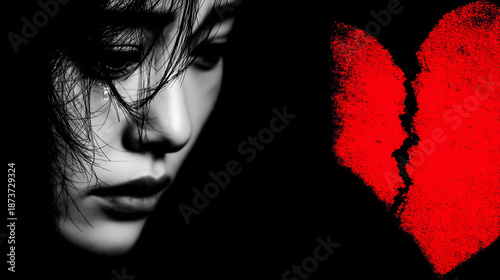 Close up a woman face sad mood , breaking red heart graphic is background , black and red color tone , dark valentine.