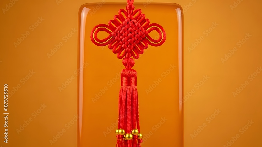 Obraz premium A traditional Chinese knot decoration on a vibrant orange background