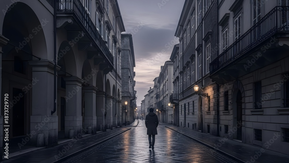 Fototapeta premium A lone figure walks down a dimly lit street between old buildings at dusk