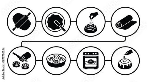 Cinnamon rolls recipe step by step. Pastry making process instruction. Dough rolling and cinnamon roll topping.