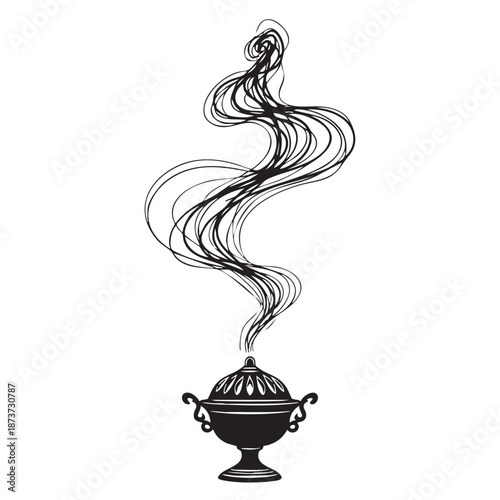 Traditional incense burner silhouette with artistic curling smoke lines, minimalist black censer icon for meditation and ritual