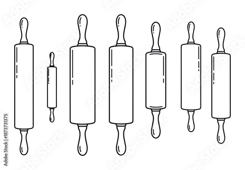 Collection of Rolling Pins Outline Illustrations: Kitchen Utensils for Baking and Dough Preparation