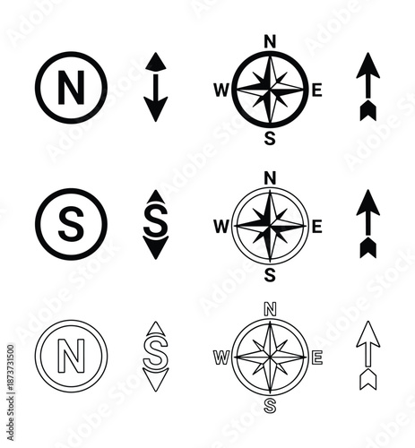 Billede på lærred Compass Navigation Symbols Vector Set, North, South, East, West Arrows and Cardi