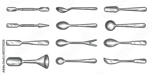 Collection of vintage spoons and spatulas engravings vector illustration, retro kitchenware utensils and cooking tools