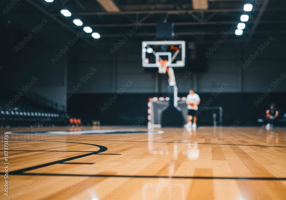 Obraz premium Indoor Basketball Player Taking Shot Under Bright Court Lights