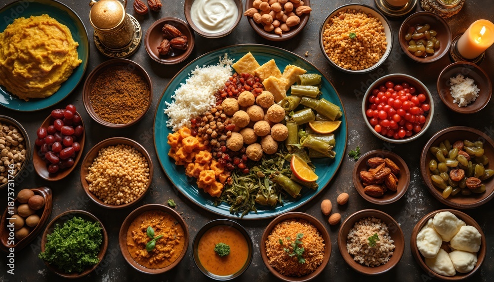 Fototapeta premium Abundant Middle Eastern mezze platter with assortment of dips grains nuts fruits, vegetables. Delicious arabic food spread for sharing. Traditional mediterranean meal with couscous stuffed grape