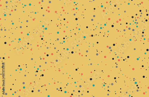 Colorful abstract seamless pattern with coral and teal dots on a mustard yellow background