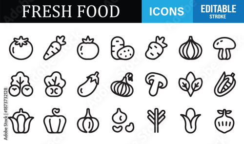 Fresh food ingredient outline icons for cooking designs