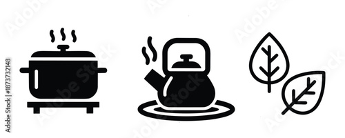 Cooking pot, teapot and leaves icon set. Food and beverage preparation concept in vector format.
