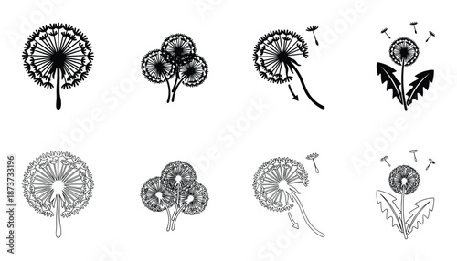 Dandelion seeds silhouettes. Eight dandelions with fluffy heads and flying seeds in black and white style.
