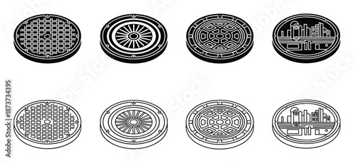 Different designs of manhole covers vector illustration set in perspective view