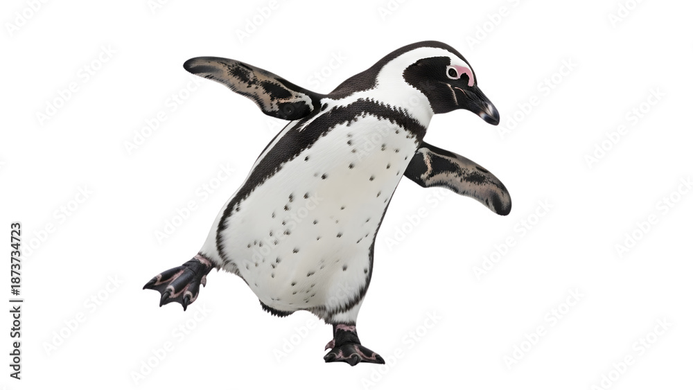 Obraz premium African Penguin Standing on One Leg with Wings Outstretched isolated PNG with Transparent Background