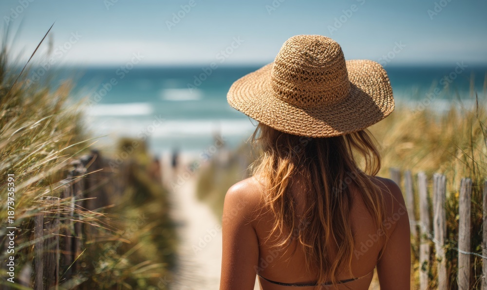 Fototapeta premium Serene Beach Path on a Sunny Holiday with a Woman in a Wide-Brimmed Hat