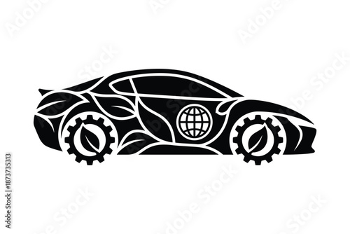 Ecological car vector icon with gear wheels and leaves silhouette style, eco concept vehicle illustration
