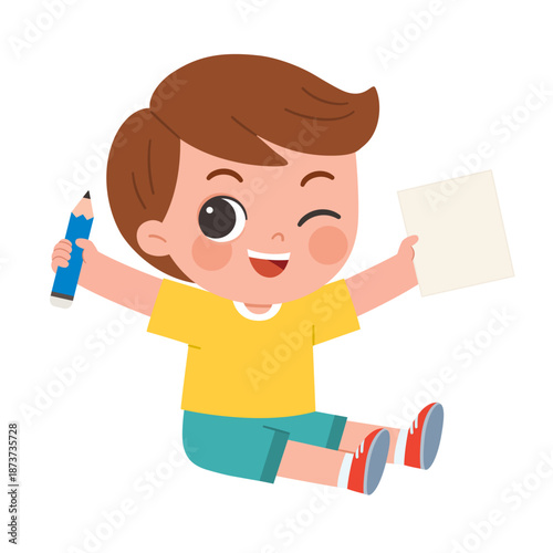 Happy schoolboy sitting with pencil and blank paper, celebrating creativity, learning success, and joyful school activities