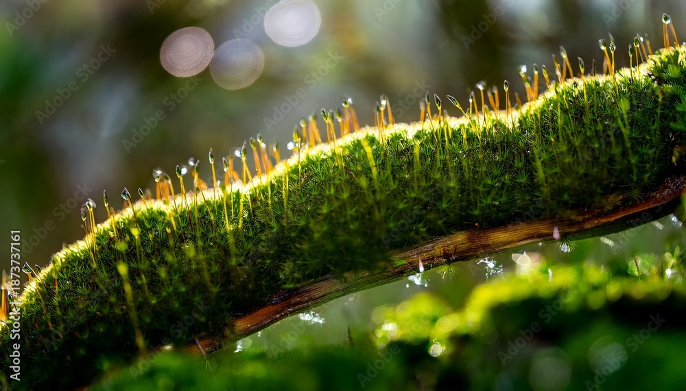 Fototapeta premium Close-up Macro Photograph of Vibrant Green Moss Texture with Dew Drops and Strong Sunlight