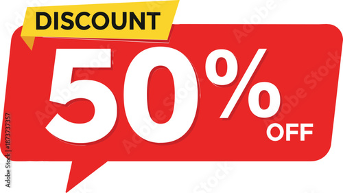 Vibrant Red and Yellow Discount Tag or Speech Bubble with Bold 50 Percent Off Text for Retail Sale Promotions, Marketing, Websites, and Advertisement Banners