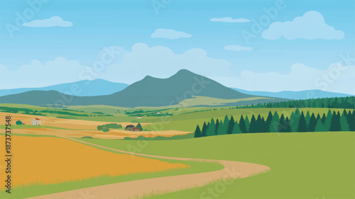 Digital illustration of a peaceful rural landscape with rolling fields, a winding path, a dense forest, and majestic mountains under a clear blue sky