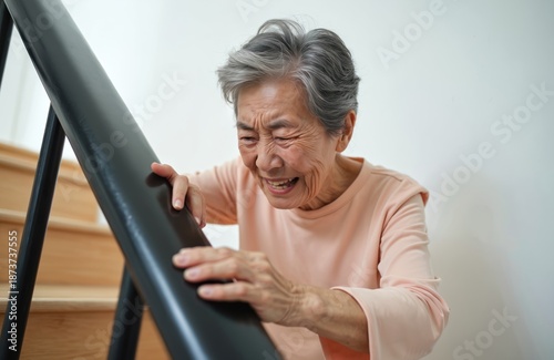 Elderly Asian woman climbs stairs with difficulty. She clutches handrail, showing signs of pain, dizziness, and breathlessness. Weakness and frailty are evident as she ascends.
