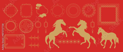 Happy Chinese New Year 2026 element vector set. Year of the horse design. Lanterns, horse, firework, corner, frame, pattern, cloud, coin, flower icons of Asian Lunar New Year holiday decoration.