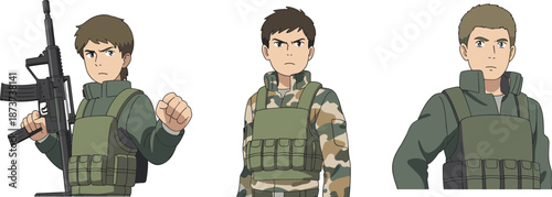 Military soldier character illustration set featuring armed and unarmed troops in tactical gear, serious expressions, modern flat anime style perfect for games, comics, and defense graphics