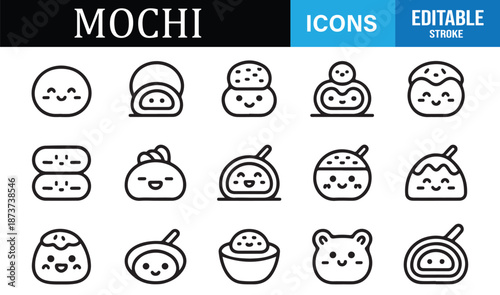 Cute Japanese mochi rice cake outline icons