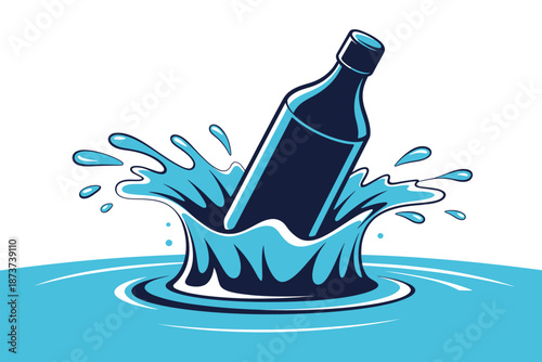 A dark blue bottle splashing into a body of water with ripples