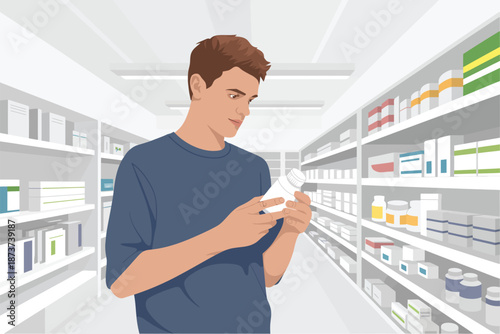 A man carefully examines a medication package in a well-stocked pharmacy aisle