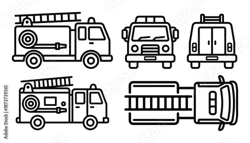 Fire Truck Vector Set: Side, Front, Back, and Top Views, Black and White Outline Illustration