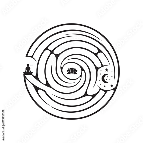 Spiritual Labyrinth Maze Design with Meditation Lotus and Moon Symbols