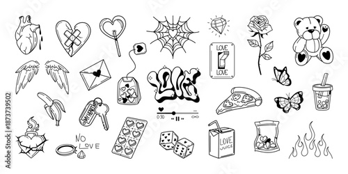 Hand Drawn Love Doodle Icon Set in Black and White. Doodle set with love-themed: hearts, wings, rose, teddy bear, butterflies and other. Cute stickers for February 14 is Valentine's Day. Vector set