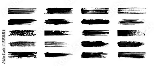 Black Grunge Brush Stroke Set Isolated on White. Set of black paint brush strokes and grunge ink swashes in various shapes. High-contrast textured elements isolated on white. Vector graphic box