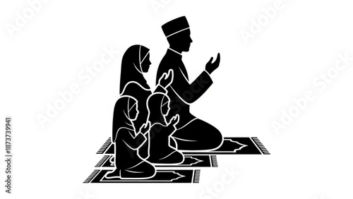 A muslim family including a man woman and two children praying together on a prayer mat in a simple black and white silhouette illustration with islam