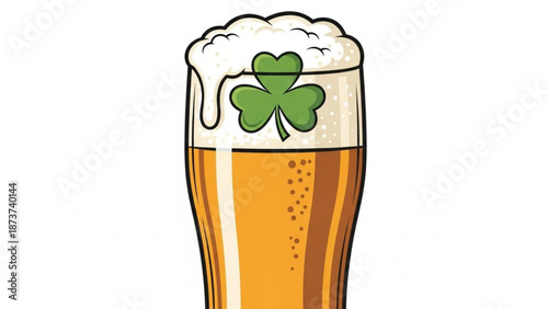 A glass of beer with a shamrock on top for st patrick's day celebration with a foamy head and golden liquid with St Patrick s Day and irish and luck