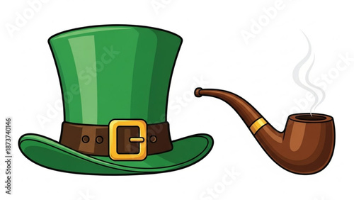 St patricks day clipart of a green top hat with brown leather belt and gold buckle next to a smoking brown pipe on white background with green hat