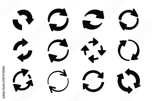 A collection of black and white circular arrow icons on a plain background