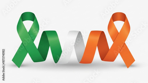 Three intertwined awareness ribbons in green white and orange for health and social causes on white background with health awareness and support