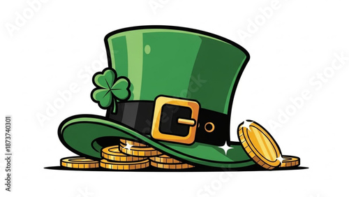 St patricks day concept with green top hat and gold coins and a four leaf clover on white background with irish and lucky and leprechaun and celebration