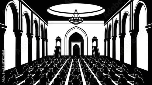 A large group of people sitting in rows inside a mosque with arches and a chandelier hanging from the ceiling in a black and white illustration