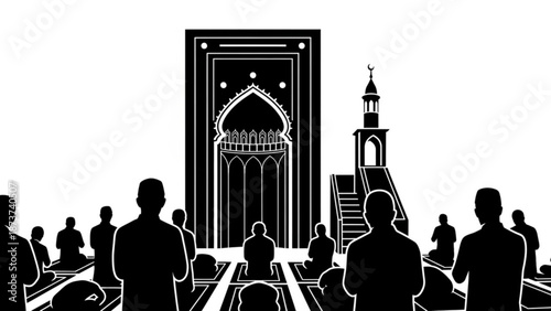 Silhouette of people praying in a mosque with a large door and minaret in the background at night with islam and religion and faith and worship