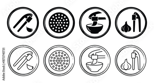Garlic press icons collection, kitchen tool symbol set, circle design, black and white line art illustration.