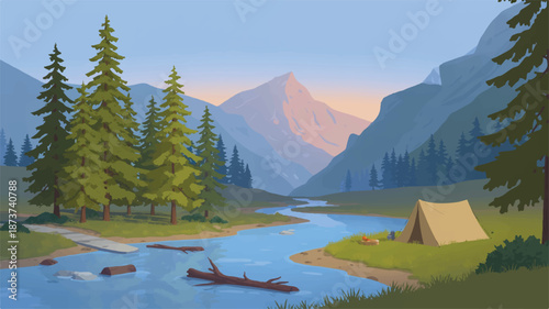 Digital illustration of a serene mountain landscape with a winding river, tall pine trees, and a lone tent, bathed in the soft glow of dawn, inviting peaceful outdoor adventure