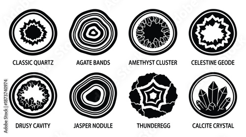 Geode and Crystal Vector Illustrations Set: Quartz, Agate, Amethyst, Celestine, Jasper, and Calcite
